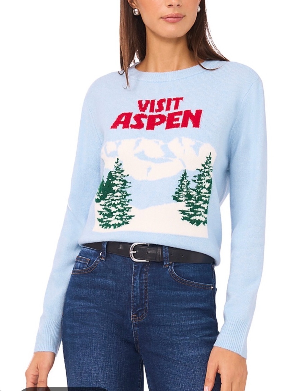 Vince Camuto Light Blue "Visit Aspen" Graphic Sweater